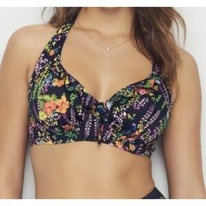 Pour Moi Hot Spots Black Floral Halter Top & Fold Over Bikini Swimsuit 34DD 6US